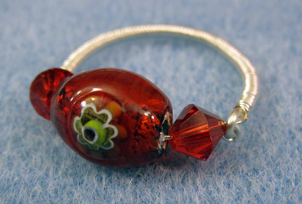 Red Czech Painted Glass Flower and Swarovski Crystal Ring Red Czech Painted Glass Flower and Swarovski Crystal Ring