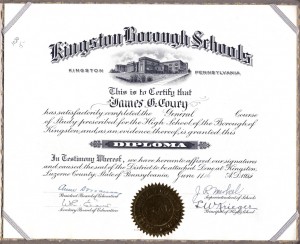 Diploma for James G. Coury with $5.00 price tag Diploma for James G. Coury with $5.00 price tag