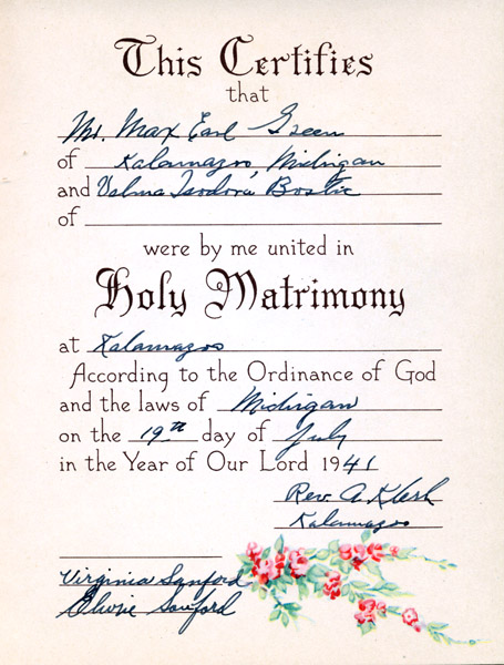 Marriage Certificate for Max Green and Velma Bostic Marriage Certificate for Max Green and Velma Bostic