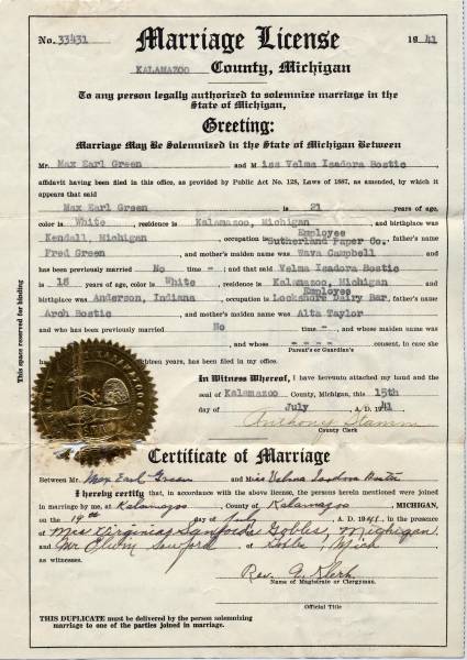 Marriage License for Max Green and Velma Bostic Marriage License for Max Green and Velma Bostic