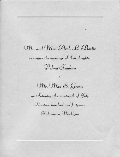 Wedding Invitation for Max Green and Velma Bostic Wedding Invitation for Max Green and Velma Bostic