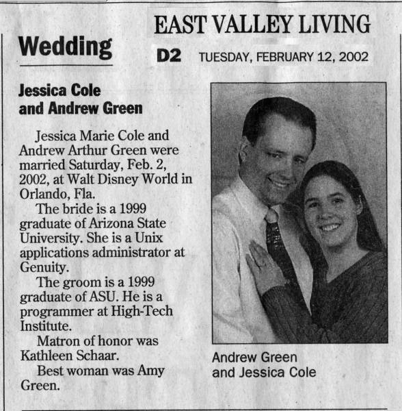 Wedding Announcement in The East Valley Tribune February 12 2002 