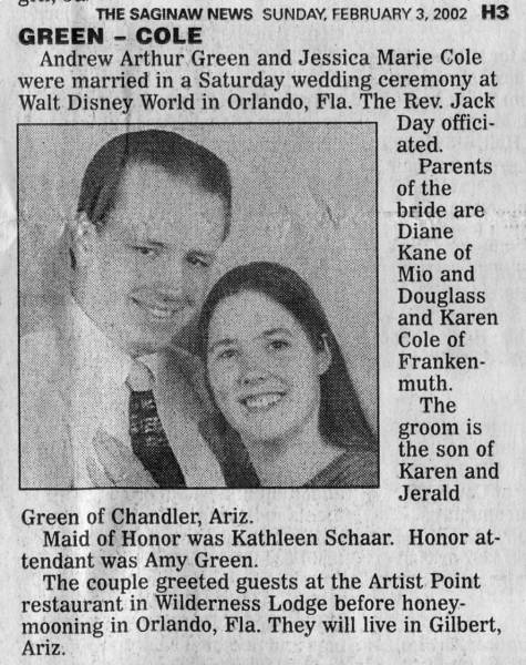 Wedding Announcement in The Saginaw News February 3 2002 